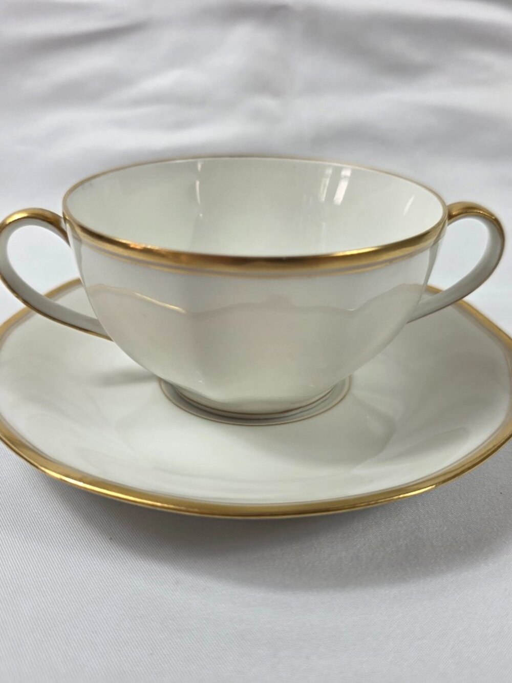 Haviland Sheraton 12 Sided Bouillon Cup and Saucer Set White with Gold Trim